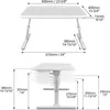 Diagrams showing the dimensions and adjustable height of a white laptop table. Produktbild-Vorschau