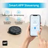 A hand holding a smartphone displaying an app interface, with a robot vacuum cleaner on a wooden floor in the background. Produktbild-Vorschau