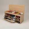 A wooden shoe cabinet with multiple shelves and a lift-top storage compartment filled with folded clothes and gloves. Produktbild-Vorschau