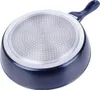 The bottom view of a dark blue frying pan with a silver, textured base and a blue handle. Produktbild-Vorschau