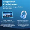 A tablet in a blue protective case and blue headphones are displayed against a blue background with star-like graphics. Produktbild-Vorschau
