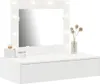 A white vanity table with a lighted mirror, a drawer, and decorative items on top. Náhled obrázku produktu
