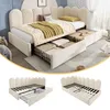A beige upholstered bed with storage drawers, shown in a bedroom setting and with detail shots of its construction. Anteprima dell’immagine prodotto