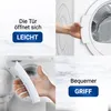 A collage of images showing a white dryer door handle and text highlighting its features. Produktbild-Vorschau