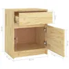 A wooden nightstand with an open drawer and an open cabinet door, showing interior dimensions. Produktbild-Vorschau