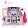 A pink wooden play kitchen with various appliances and accessories, displayed in a corner. Anteprima dell’immagine prodotto