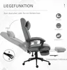 A grey office chair is shown in a reclined position with its footrest extended, demonstrating its lying function. Text and icons explain its features and uses. Náhled obrázku produktu