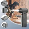 A man is using a handheld electric air blower in a woodworking setting, with close-up insets highlighting product features. Náhled obrázku produktu