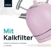 A pink kettle is shown with text overlays highlighting its features. Produktbild-Vorschau