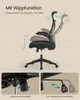 A black office chair is shown with diagrams illustrating its reclining features and adjustment controls. Produktbild-Vorschau