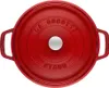 A top-down view of a red enameled cast iron pot with its lid on. Produktbild-Vorschau