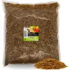 A large bag of dried mealworms with a small pile of mealworms in the foreground, against a white background. Produktbild-Vorschau