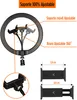 A ring light with a phone holder and adjustable arms, along with diagrams showing phone holder dimensions. Produktbild-Vorschau
