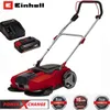 A product image showing a cordless sweeper with its battery and charger, along with warranty badges. Produktbild-Vorschau