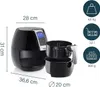 A black Princess digital air fryer with its basket and pan, along with various product specifications and icons displayed on the right side. Produktbild-Vorschau