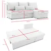 Two views of a white sectional sofa with dimensions indicated by red lines and text. Produktbild-Vorschau