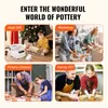 A collage of four images showing different scenarios related to pottery, including a pottery wheel as a gift, a workshop, pottery classes, and a family DIY activity. Produktbild-Vorschau