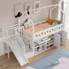 A white wooden loft bed with a slide and stairs, featuring storage compartments underneath. The bed is set up in a child's room with some decorative items and artwork on the wall. Podgląd zdjęcia produktu