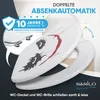 A toilet seat with a graphic design, featuring promotional text and a warranty badge. Náhled obrázku produktu