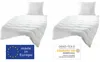 Two white duvets and pillows are displayed side-by-side on a white background, with certification logos below. Produktbild-Vorschau