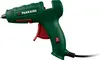 A green and red hot glue gun with a black power cord, shown against a white background. Produktbild-Vorschau
