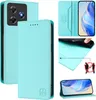 Collage of images showing a turquoise flip wallet phone case for a Blackview Wave 8C/Wave 8/Oscal Flat 2, with close-ups of features and the phone inside. Produktbild-Vorschau