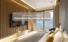 A bedroom with a large window overlooking a mountain landscape, featuring wooden wall panels and a bed. Anteprima dell’immagine prodotto