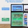 A diagram showing the interior of a refrigerator with labels indicating different temperature zones and capacities. Produktbild-Vorschau