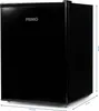 A black Primo mini-fridge is shown from a slight diagonal angle against a white background. Dimensions are indicated with blue lines and text. Voir les images du produit