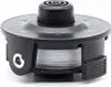 A close-up studio shot of a black trimmer head with white string on a white background. Produktbild-Vorschau