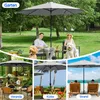 A collage of images showing a patio umbrella in different settings: a garden, a veranda, and a beach. Produktbild-Vorschau