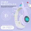 A pair of purple cat-ear headphones with LED lights, presented with marketing text and graphics. Produktbild-Vorschau