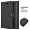 A black leather-look phone case is shown with a magnetic closure feature highlighted. Náhľad obrázku produktu