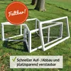 A white wooden rabbit run is set up on a grassy lawn with trees in the background. Produktbild-Vorschau