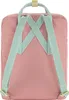 The back of a pink backpack with green straps. Voir les images du produit
