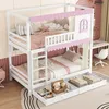 A white bunk bed with pink accents, decorated with stuffed animals and bedding, in a child's room. Anteprima dell’immagine prodotto
