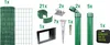 A collection of fence components and accessories, including a roll of green wire mesh fencing, posts, clips, and ground stakes, arranged on a white background. Anteprima dell’immagine prodotto