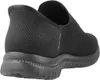 A black Skechers slip-on sneaker shown from the back-side. Voir les images du produit