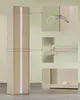 Collage showing a tall, slender cabinet and close-ups of its assembly and safety features. Produktbild-Vorschau
