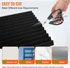 A hand is cutting black acoustic foam panels with scissors, with examples of surfaces the panels can be applied to shown below. Voir les images du produit