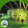 Outdoor garden scene with spotlights illuminating a bush and trees during rainfall. A circular overlay with a water droplet icon is present. Anteprima dell’immagine prodotto