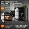 A black display cabinet with glass doors, showcasing its interior shelves and dimensions. Text overlays provide product details and features. Náhľad obrázku produktu