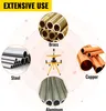 A diagram showing the versatility of a hydraulic pipe bender with images of different types of pipes it can bend. Voir les images du produit