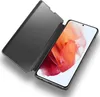 A smartphone with a clear view flip case cover, partially open, displaying the phone's screen. Produktbild-Vorschau