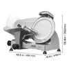 A commercial meat slicer is shown from a side angle with dimensions indicated by text overlays. Produktbild-Vorschau