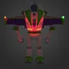 The back view of a Buzz Lightyear action figure with lights on. Voir les images du produit
