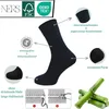 A collage showcasing black socks with various features highlighted by text and diagrams. Produktbild-Vorschau