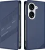 A blue phone case is shown from two angles, open and closed.