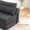 A close-up view of a gray sofa bed, highlighting its features with text overlays. Produktbild-Vorschau