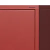 Close-up of a red metal cabinet door with text 'Jan Nowak' engraved. Náhľad obrázku produktu